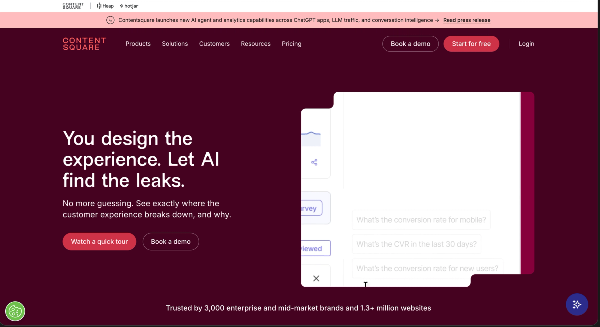 The Contentsquare homepage, headlined You design the experience. Let AI find the leaks., with an AI panel answering questions about conversion rate by device and segment
