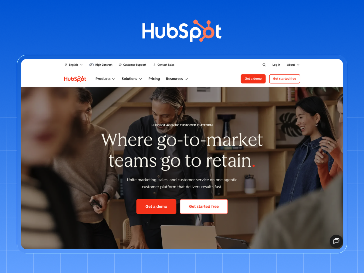 HubSpot homepage with the Where go-to-market teams go to retain hero and paired Get a demo and Get started free CTAs