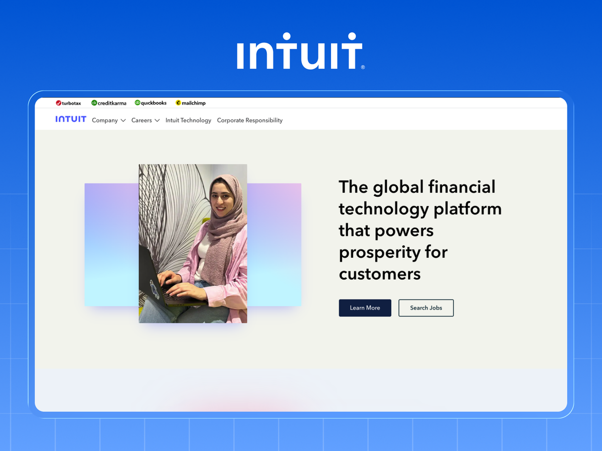 Intuit homepage with the TurboTax, Credit Karma, QuickBooks and Mailchimp brand bar above a plain-English value proposition