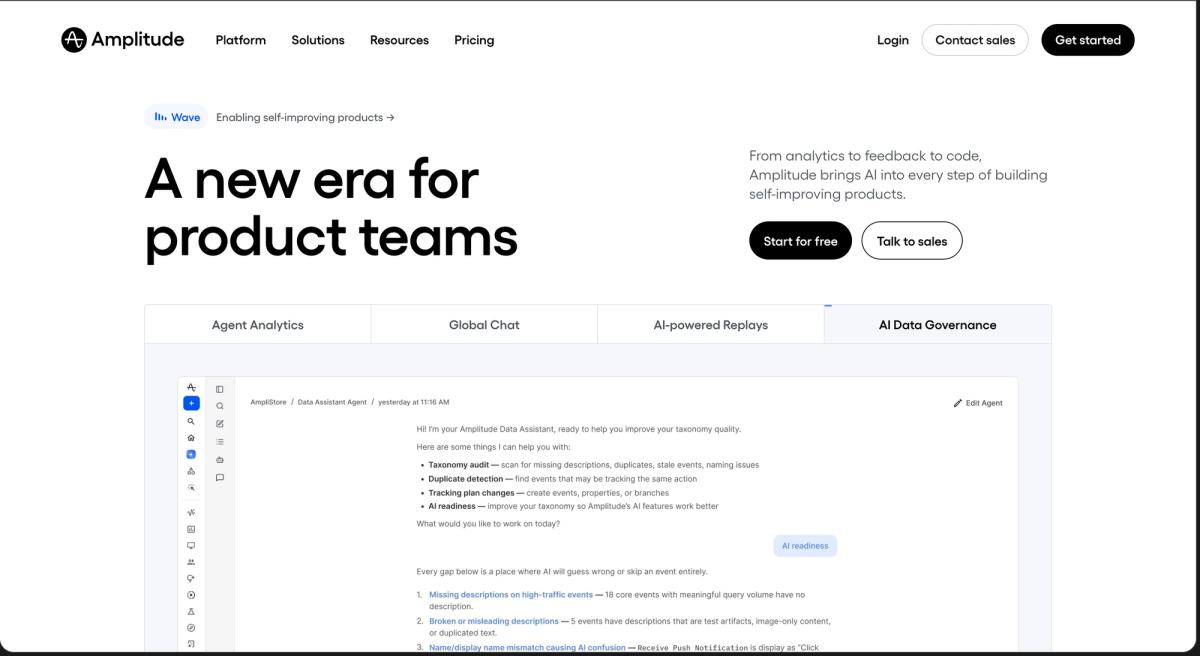 The Amplitude homepage, headlined A new era for product teams, showing tabs for Agent Analytics, Global Chat, AI-powered Replays and AI Data Governance above a data assistant running a taxonomy audit