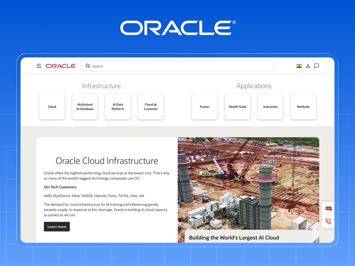 Oracle homepage with Infrastructure and Applications product grids above an Oracle Cloud Infrastructure feature block