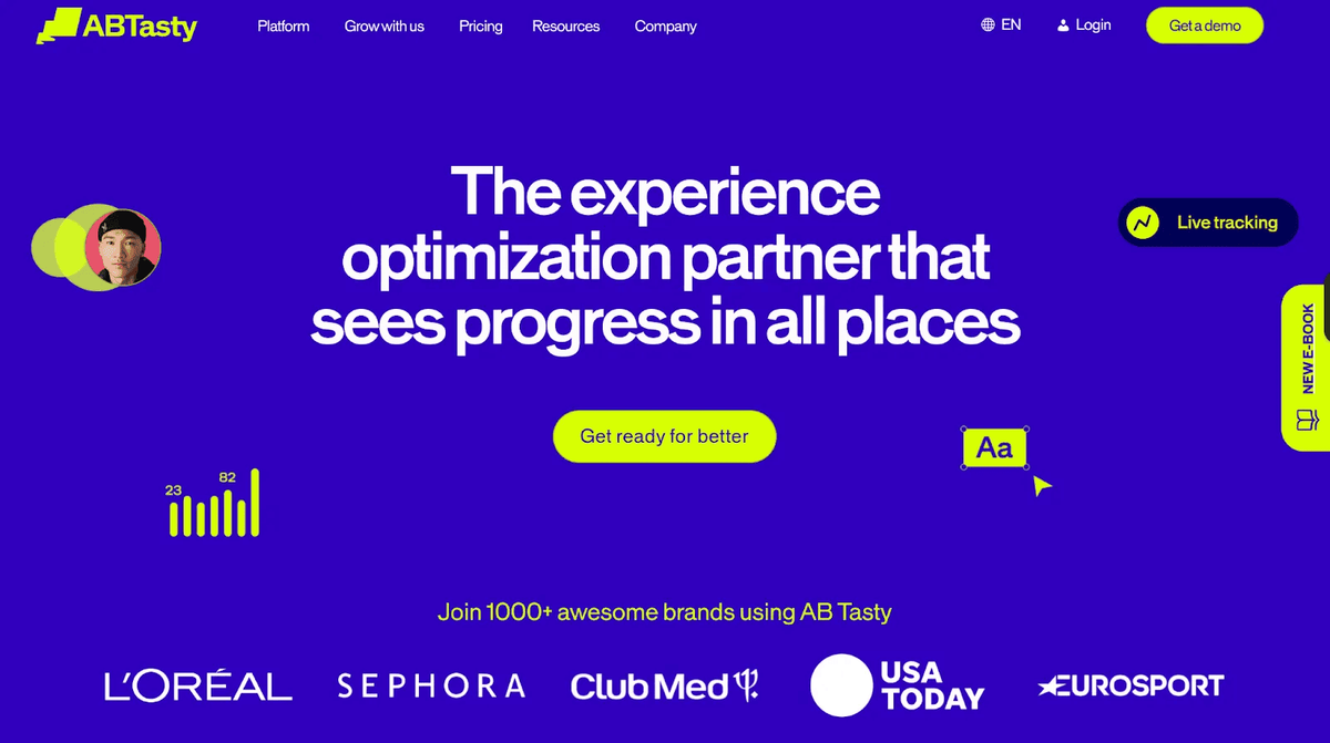 The AB Tasty homepage, headlined The experience optimization partner that sees progress in all places, with client logos including L’Oreal, Sephora, Club Med, USA Today and Eurosport