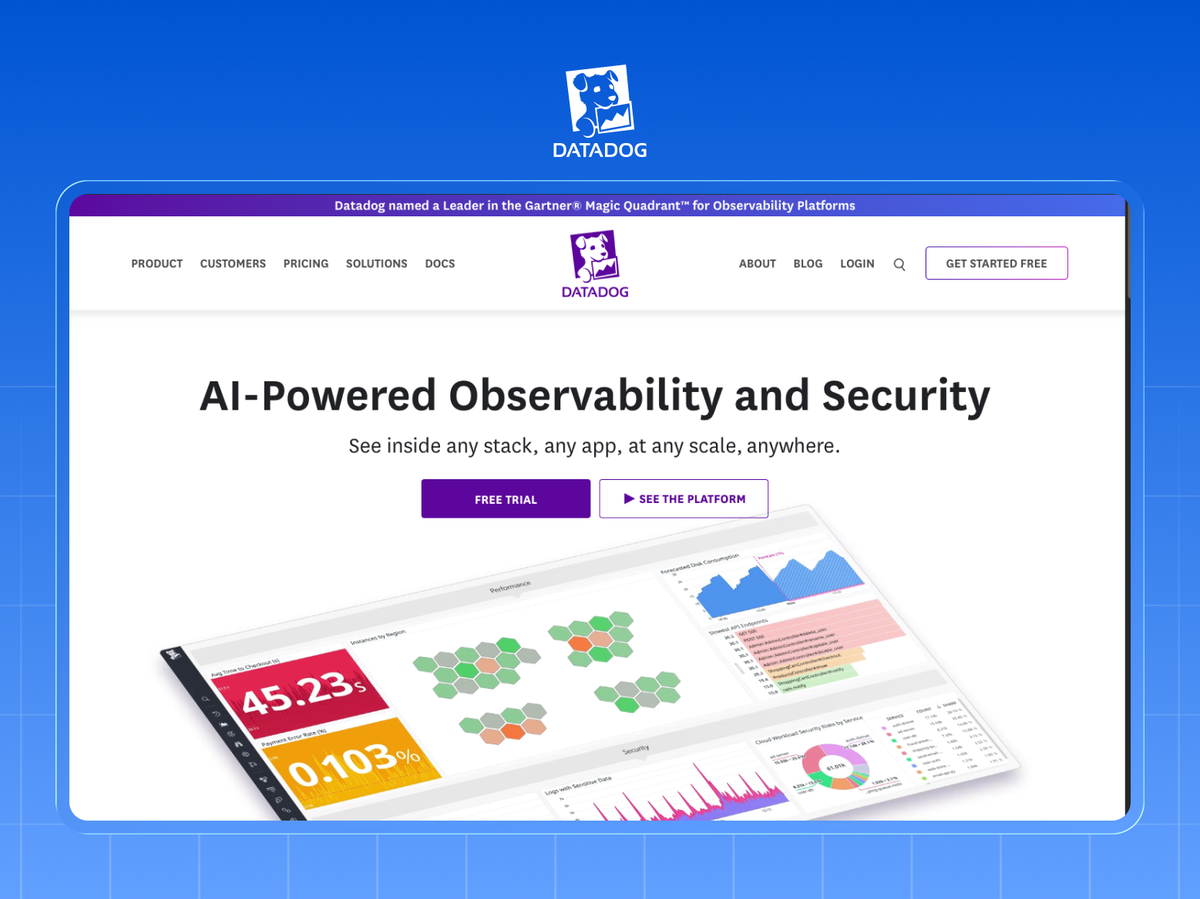 Datadog homepage with a Gartner Magic Quadrant leader banner above an observability dashboard screenshot