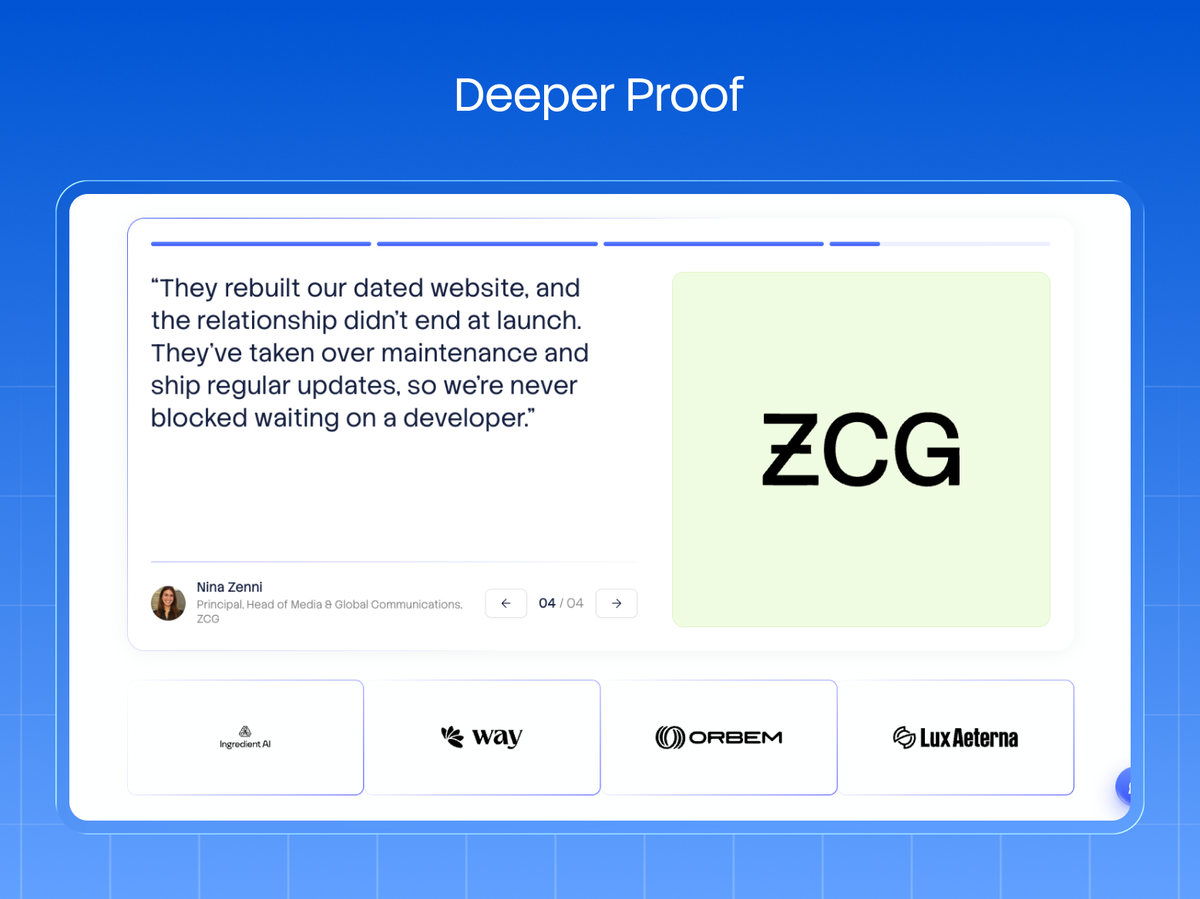 A named client testimonial from ZCG with the person, title and company attributed, sitting above a second row of customer logos