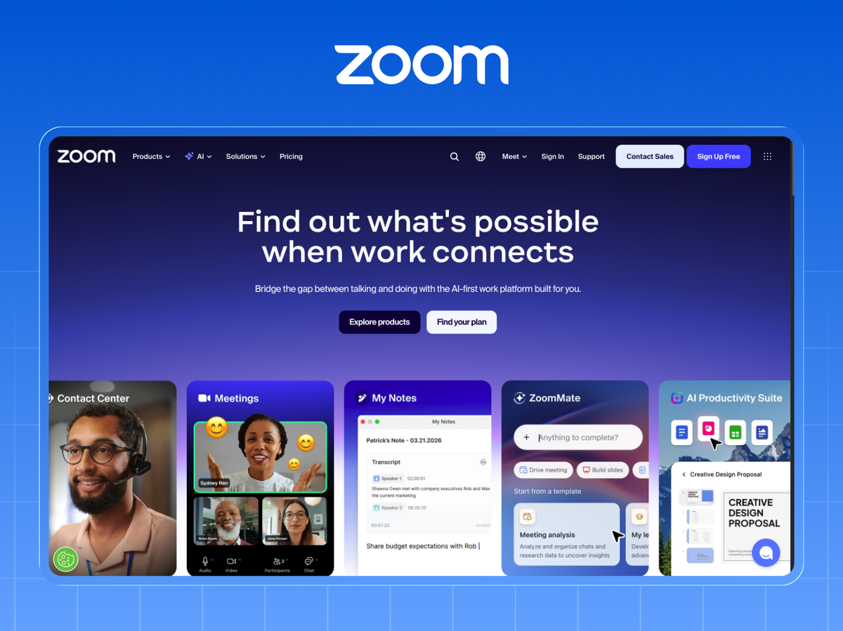 Zoom homepage showing product cards for Meetings, Notes and the AI Productivity Suite under a single headline