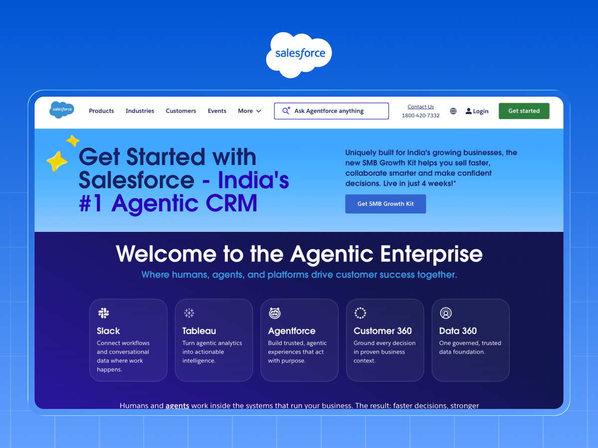 Salesforce homepage showing the Agentic Enterprise hero with Slack, Tableau, Agentforce, Customer 360 and Data 360 product cards
