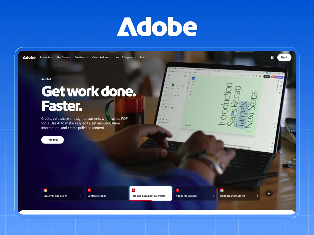 Adobe Acrobat homepage showing the product in use, with the headline Get work done. Faster. and a Free trial button