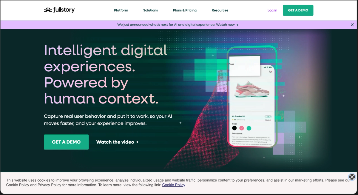 The Fullstory homepage, headlined Intelligent digital experiences. Powered by human context., describing capturing real user behaviour to put to work