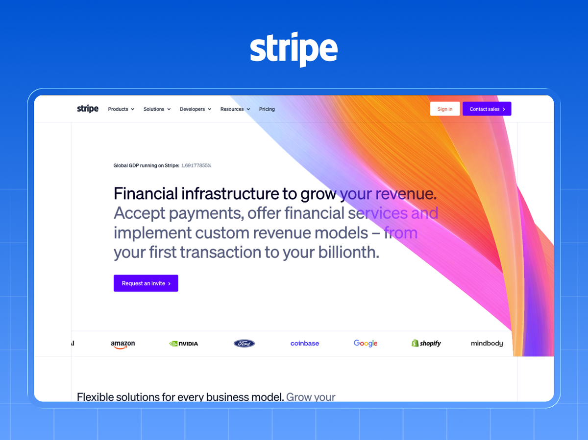Stripe homepage showing a live Global GDP running on Stripe figure above a customer logo bar