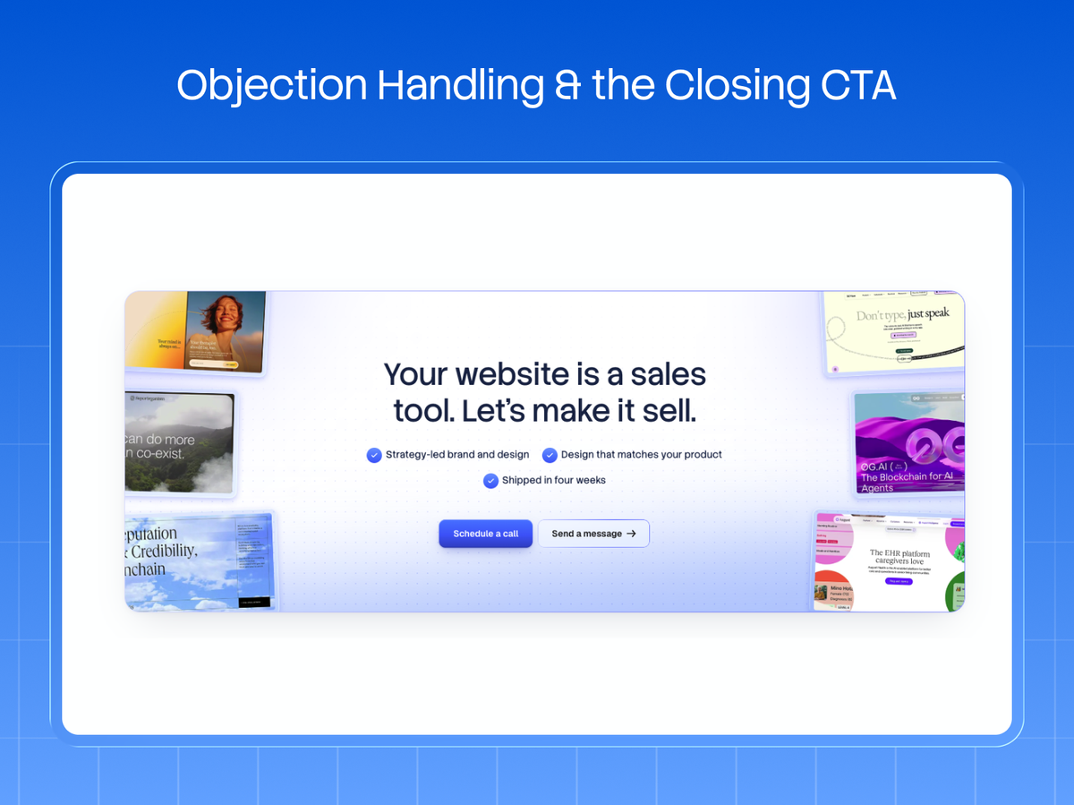 A closing call to action reading Your website is a sales tool. Let us make it sell., with three reassurances and paired action buttons