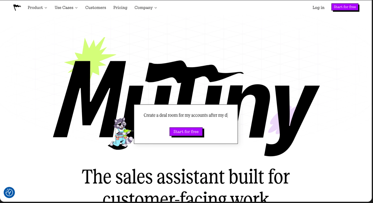 The Mutiny homepage, showing an oversized Mutiny wordmark with a raccoon mascot and a prompt box reading Create a deal room for my accounts, above the line The sales assistant built for customer-facing work