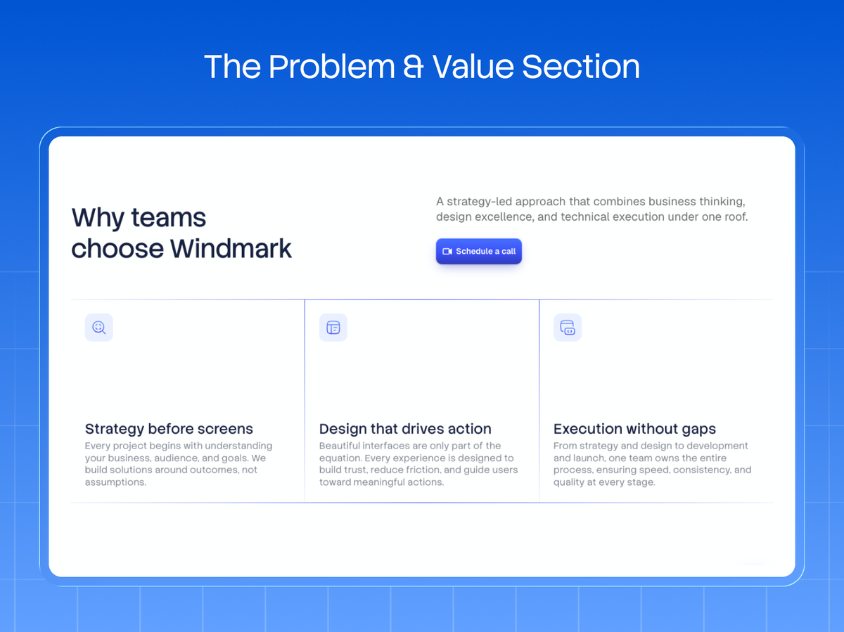 A Why teams choose Windmark section framing three outcomes: strategy before screens, design that drives action, and execution without gaps