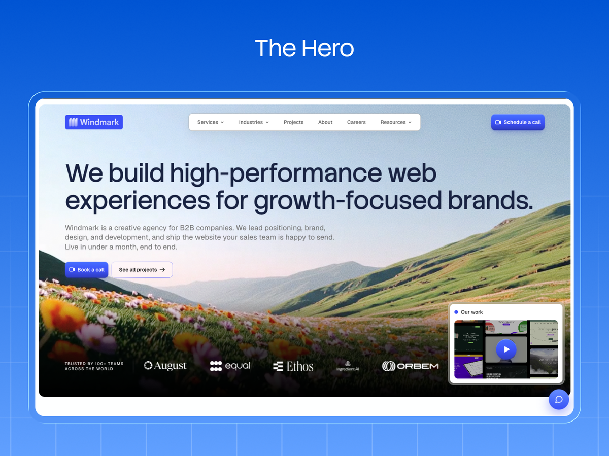 The hero of the Windmark homepage: one outcome-led headline, a supporting sentence naming who it is for, paired primary and secondary calls to action, and a client logo bar in the first screen