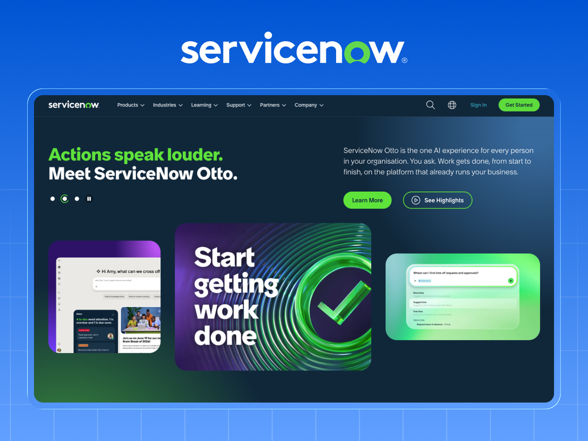 ServiceNow homepage introducing ServiceNow Otto, with Learn More and See Highlights calls to action