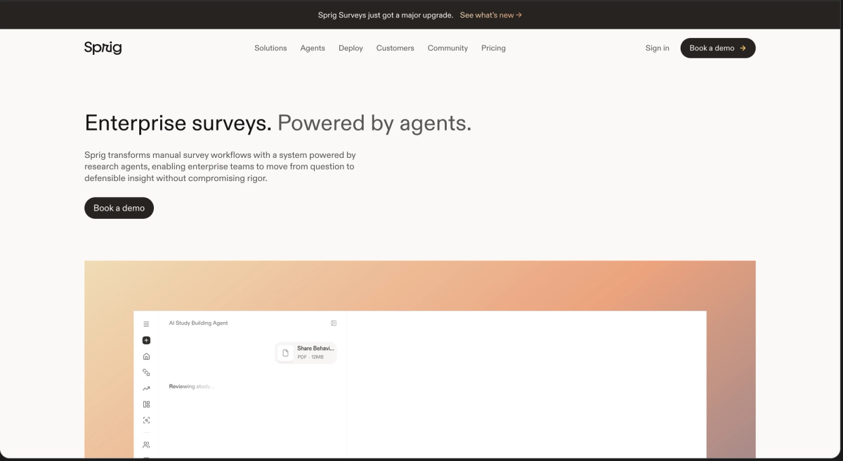 The Sprig homepage, headlined Enterprise surveys. Powered by agents., describing research agents that move teams from question to defensible insight