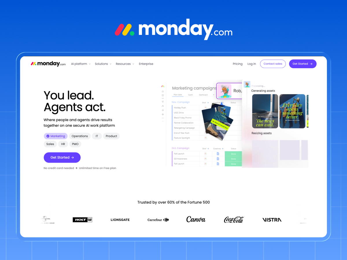 monday.com homepage with role filters, a live campaign board and a Trusted by over 60% of the Fortune 500 logo bar