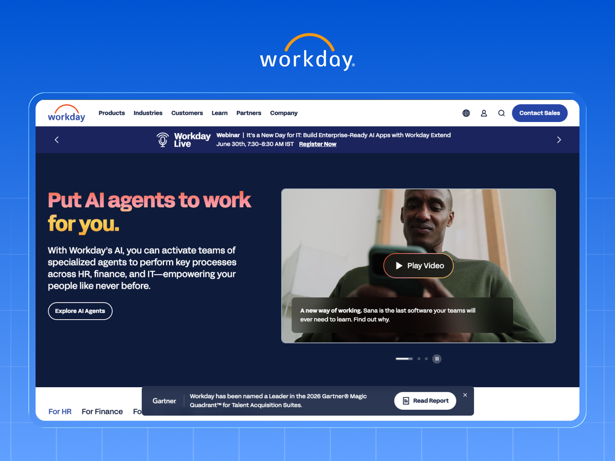 Workday homepage leading with Put AI agents to work for you, plus a Gartner Magic Quadrant leader banner