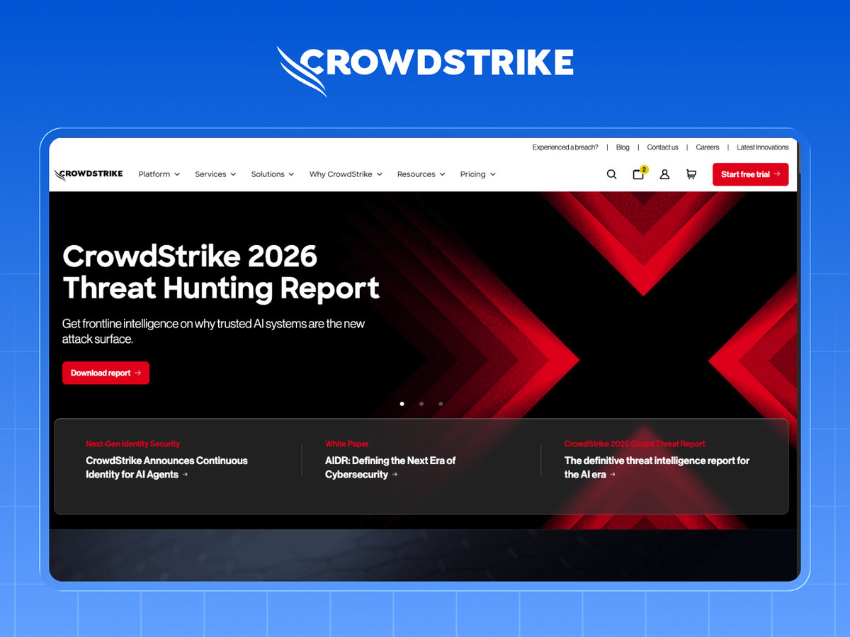 CrowdStrike homepage leading with the 2026 Threat Hunting Report and a Download report call to action