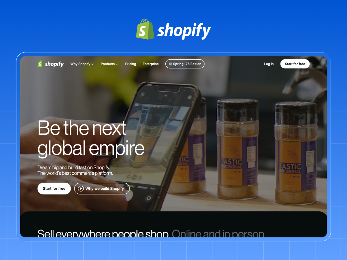 Shopify homepage with the Be the next global empire hero and a single Start for free call to action