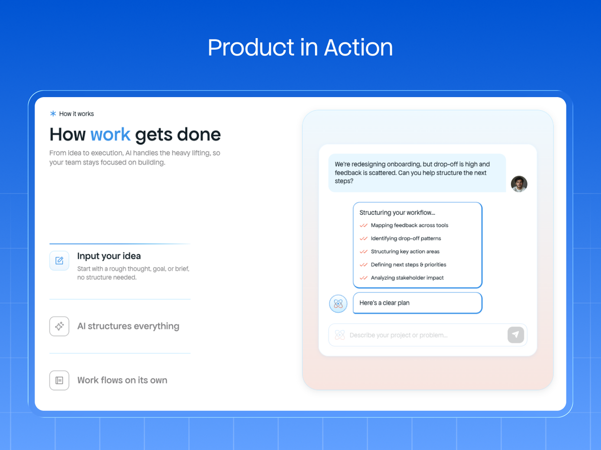 A How work gets done section showing the interface completing a real workflow step by step, rather than describing it in bullet points
