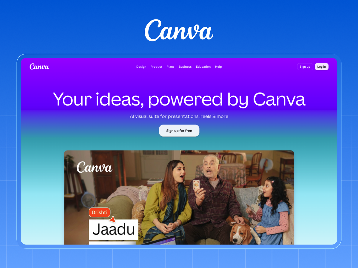 Canva homepage with the Your ideas, powered by Canva hero and a single Sign up for free call to action