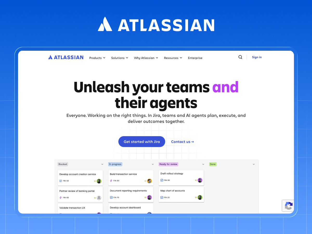 Atlassian homepage showing a live Jira board beneath the headline Unleash your teams and their agents