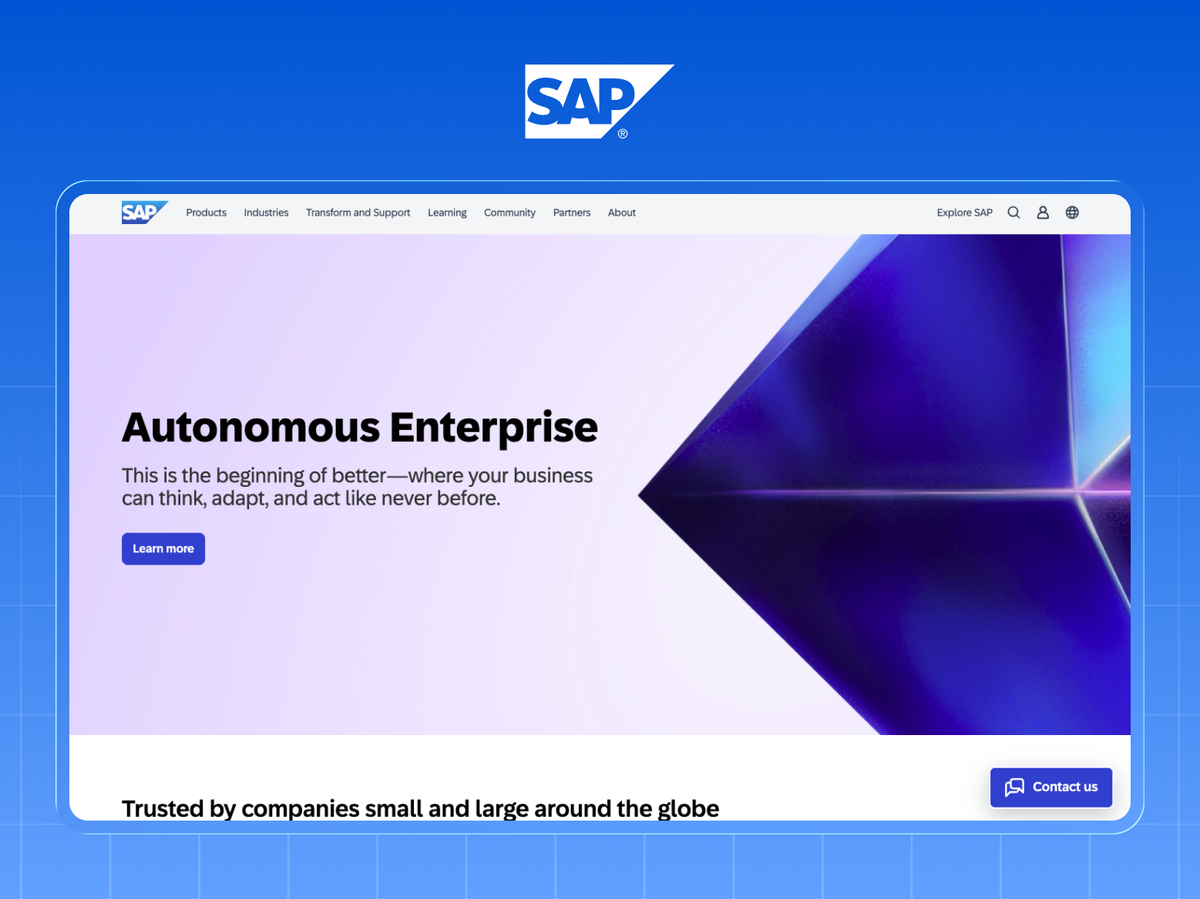SAP homepage leading with the Autonomous Enterprise hero and a single Learn more call to action