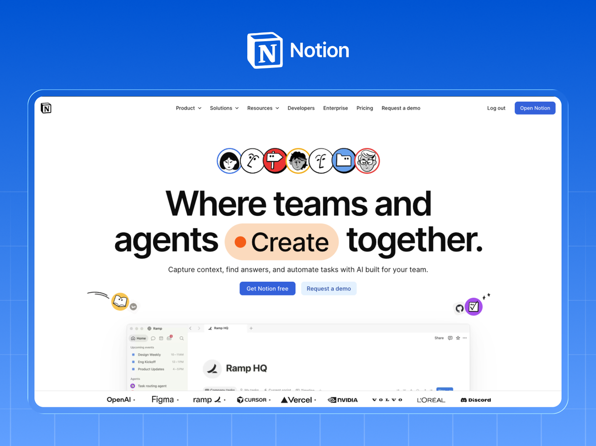Notion homepage showing the product in use beneath Where teams and agents create together, with a customer logo bar