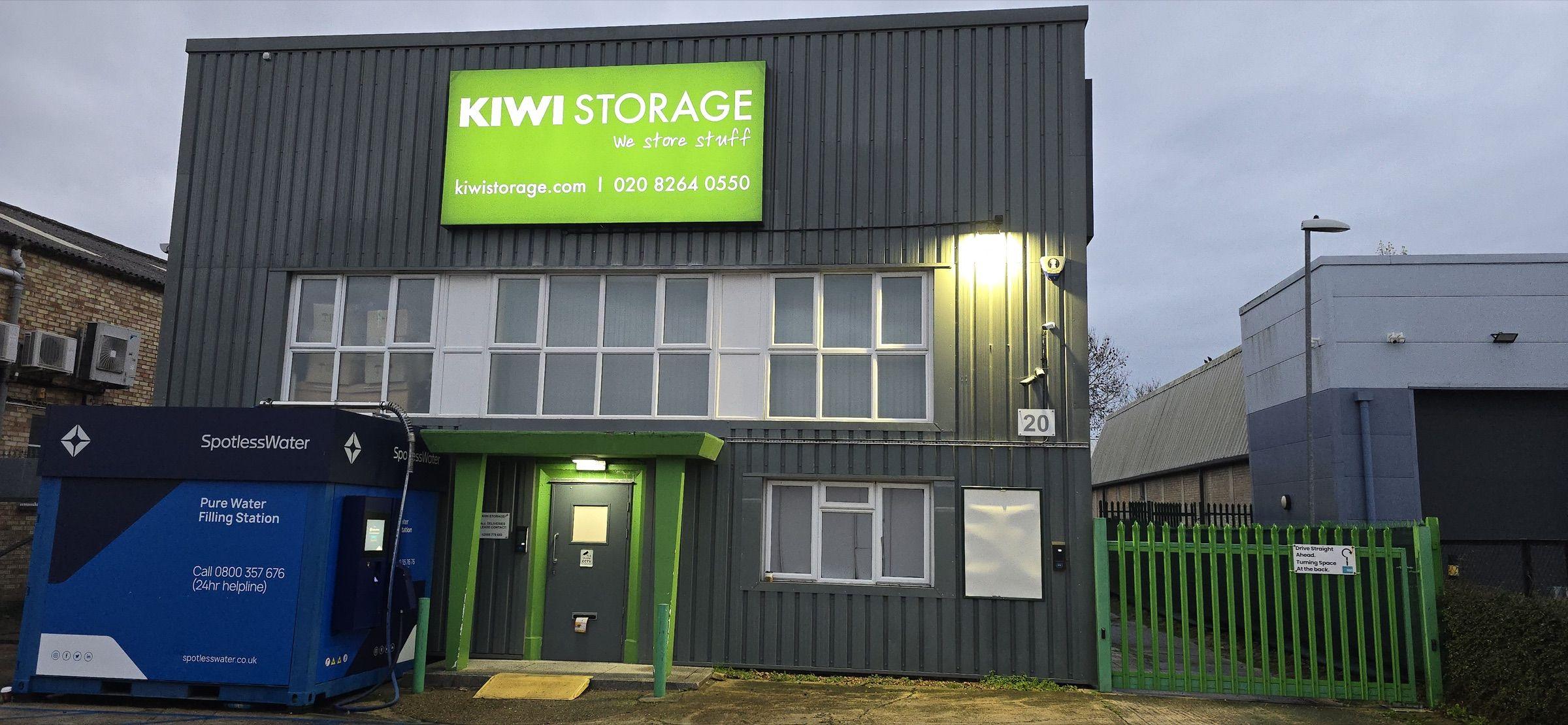 Kiwi Storage West Molesey, 20 Island Farm Avenue KT8, with the green signage and gate