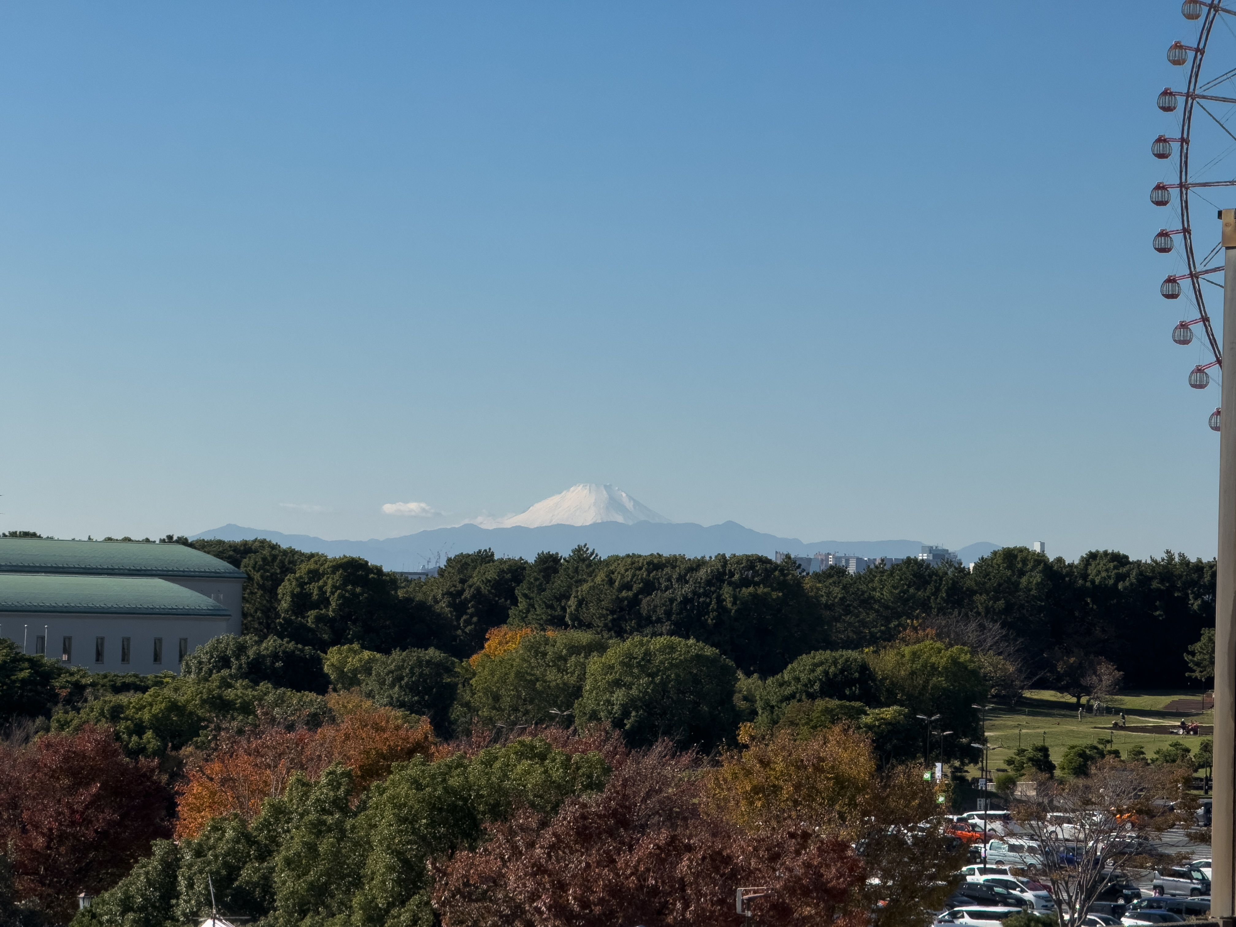 Mt. Fuji from far away above some trees. The edge of a ferris wheel is just in frame on the right side.