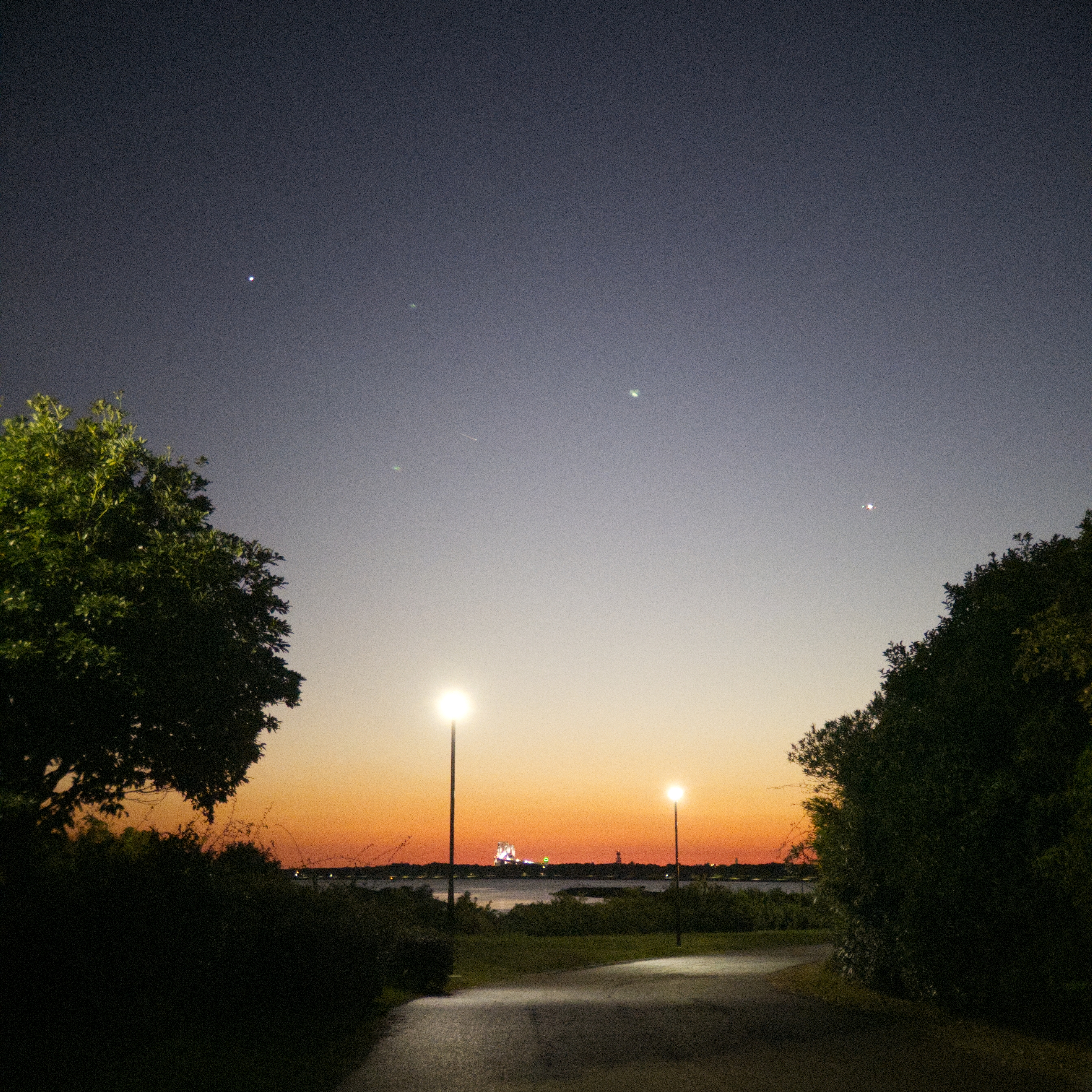 A sunset with two streetlights between two trees