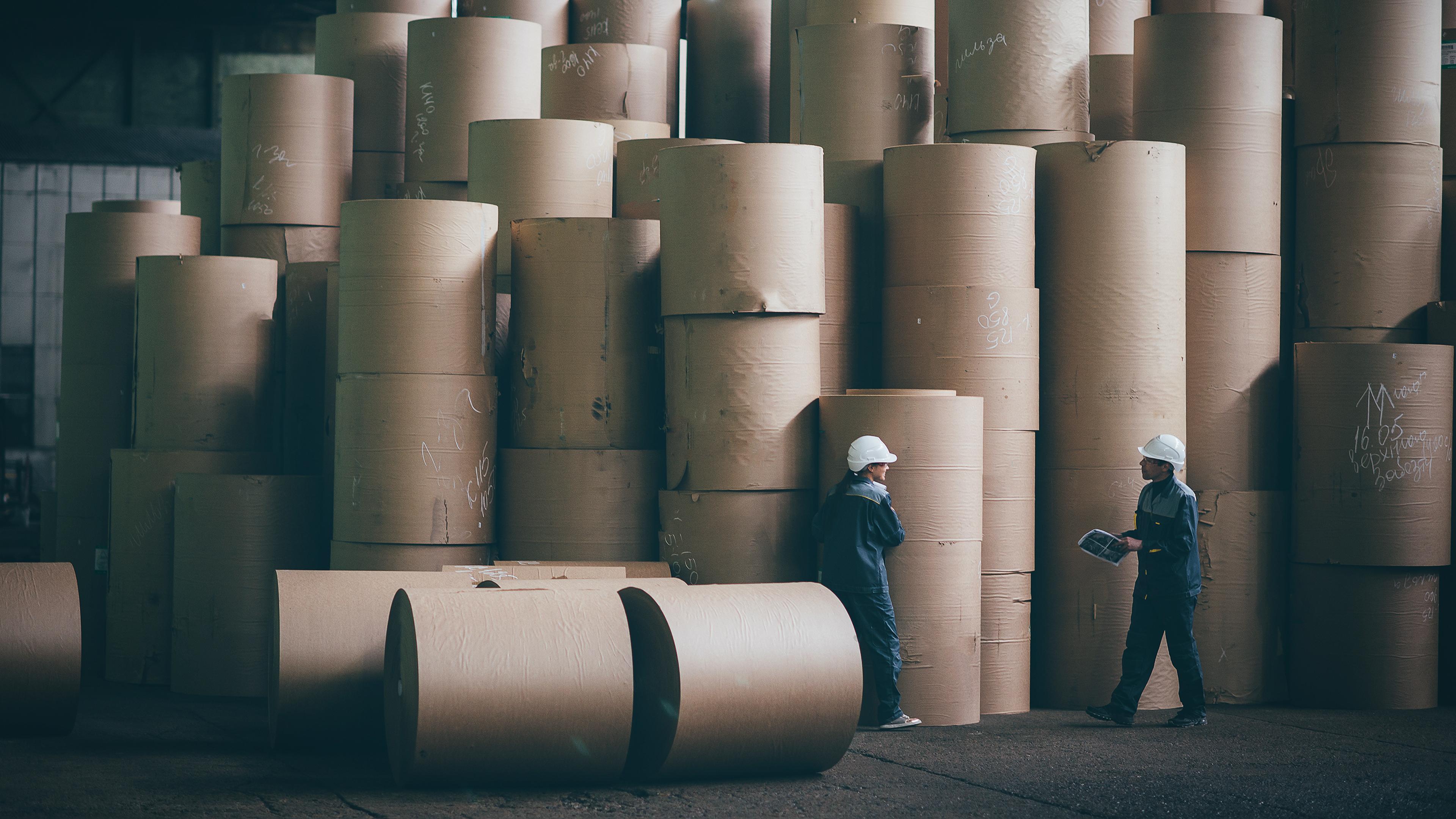Paper rolls in a storage, 2 persons