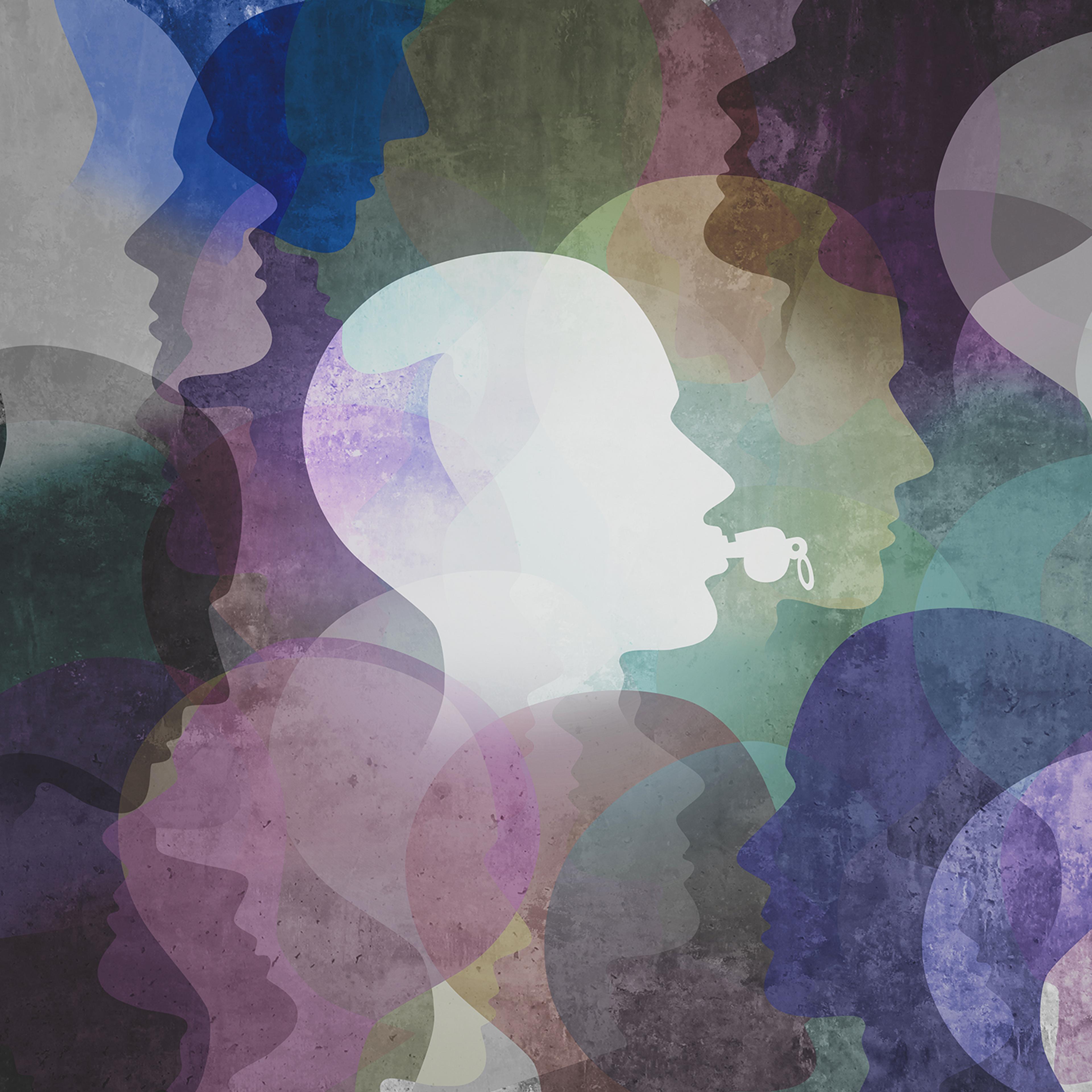 Painted picture with heads in profile, one blowing a whistle