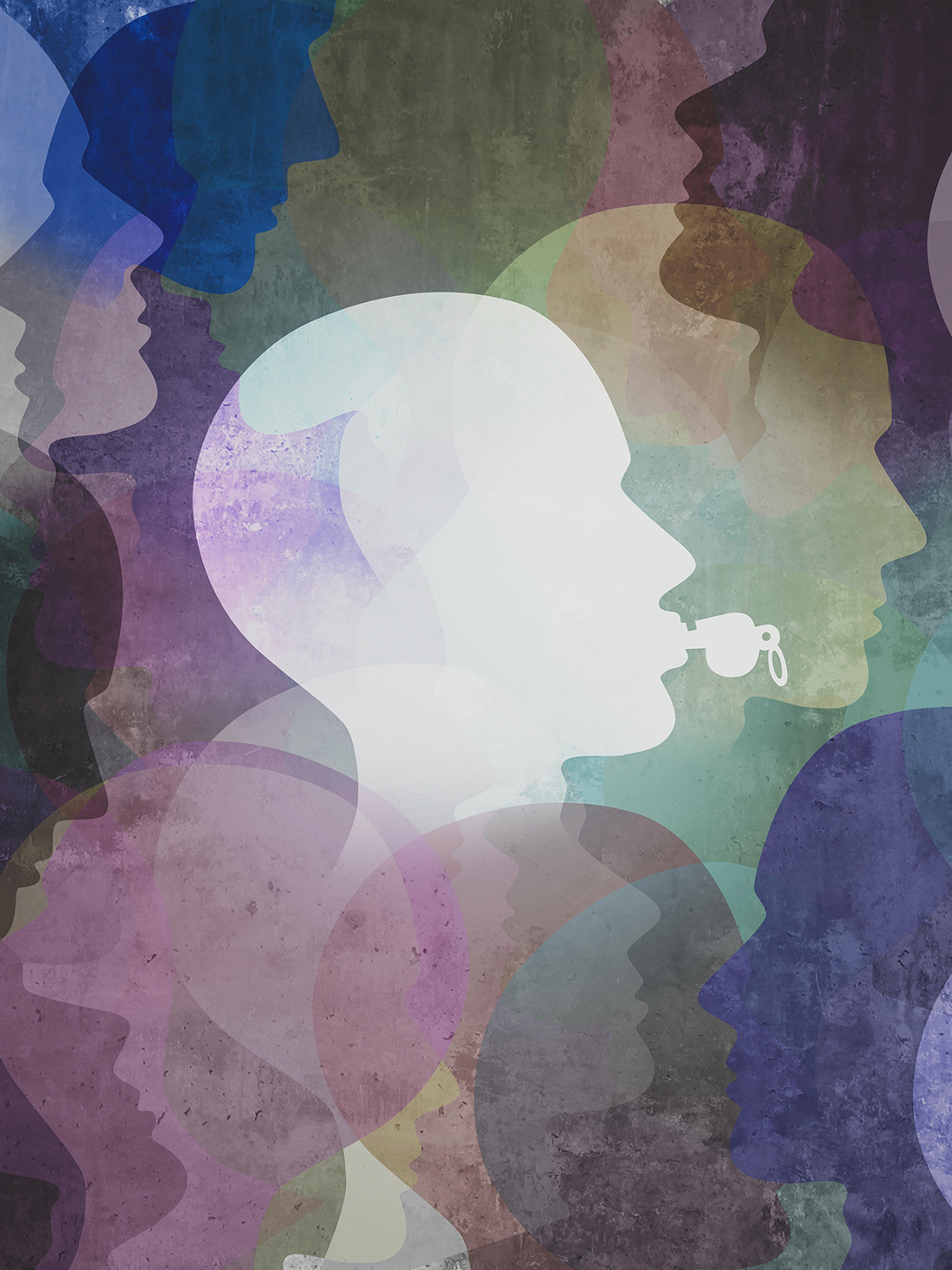 Painted picture with heads in profile, one blowing a whistle