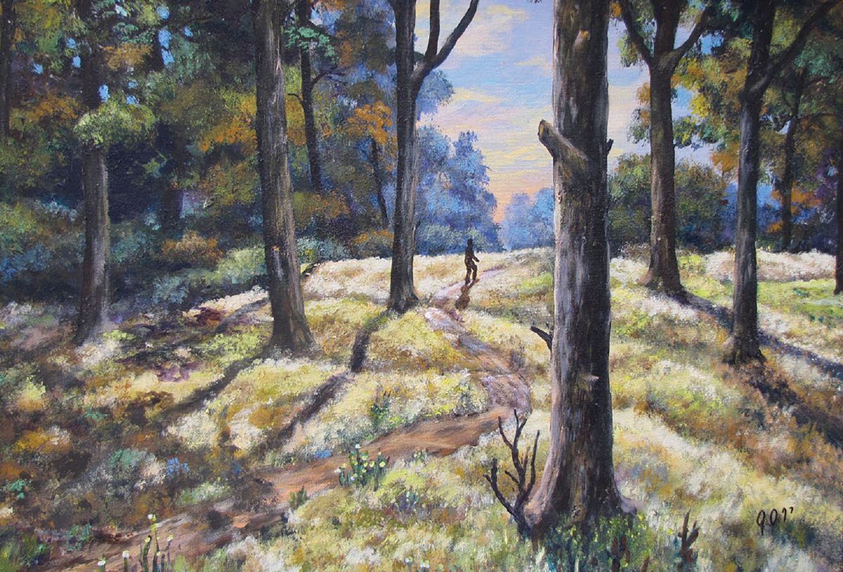 Painting of a person (small in frame) running into a forest.