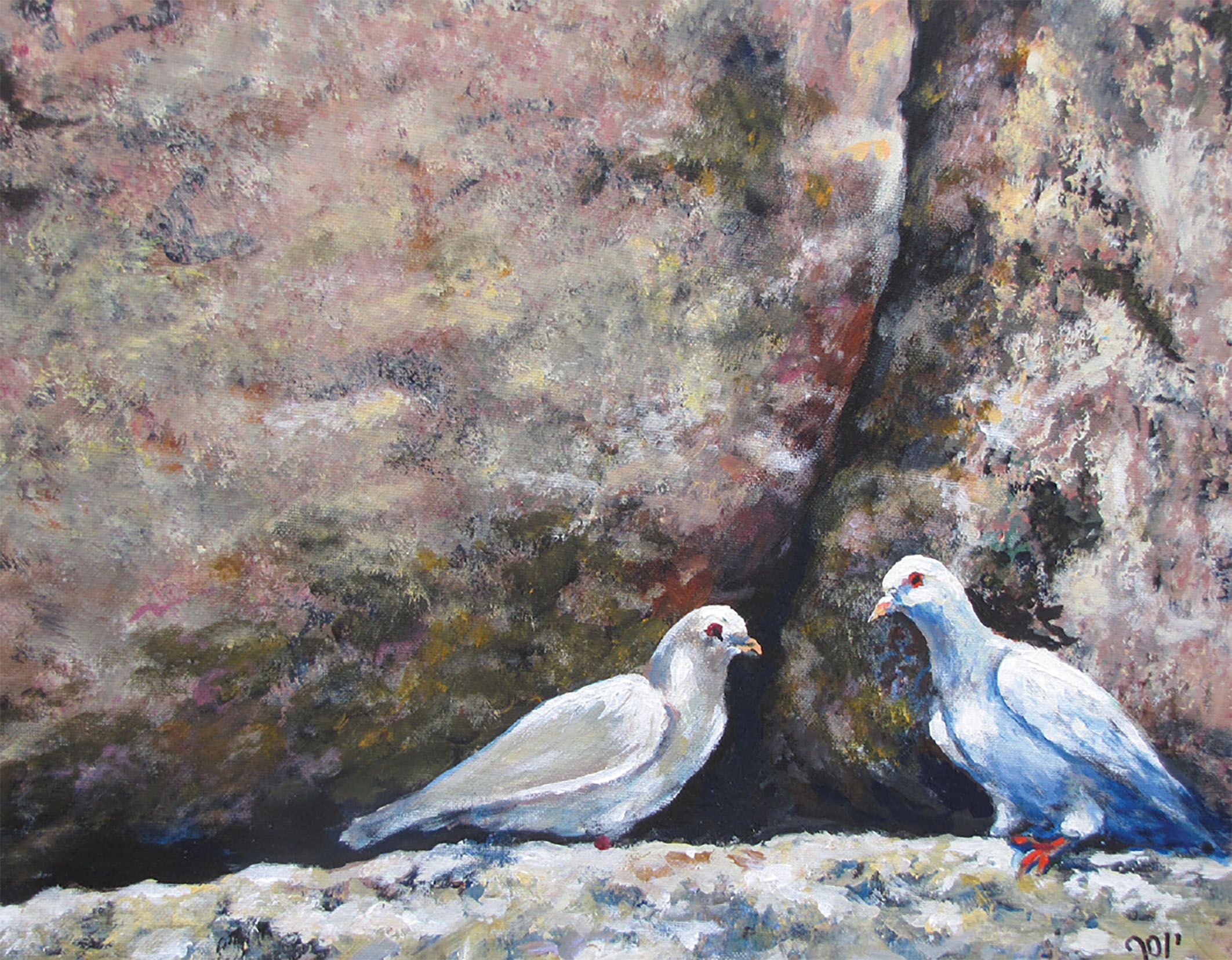 Painting of two white doves perched next to large gray stones.