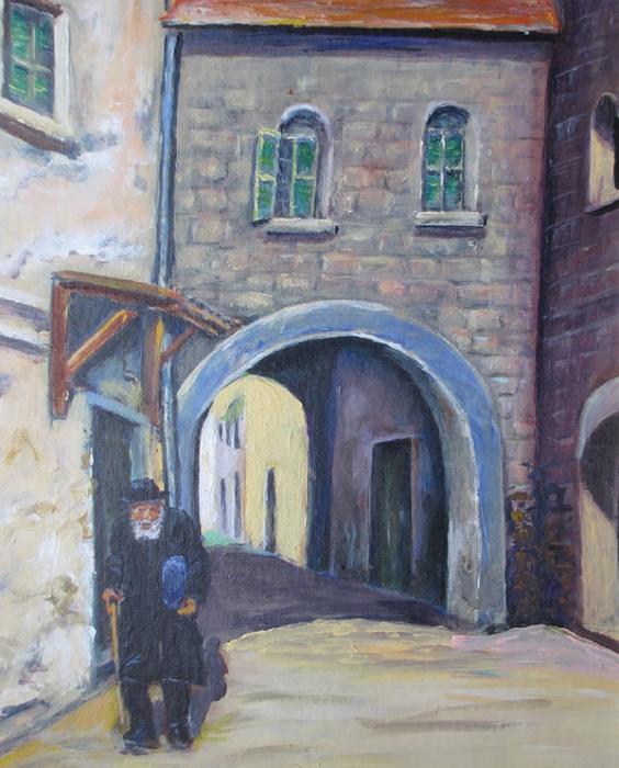 Painting of an older man in all black walking down a cobbled street under a stone archway.