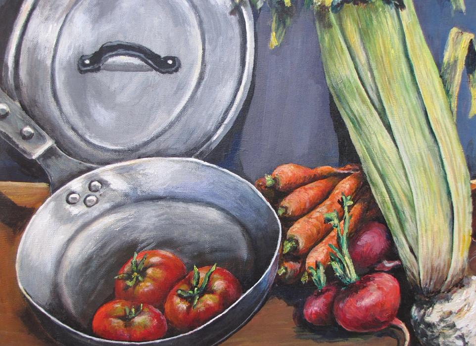 Painting of tomatoes, carrots, and celery in vibrant colors.