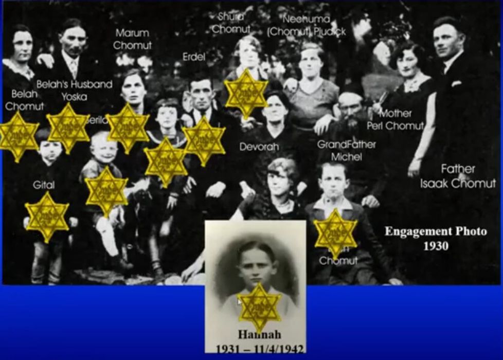 Black and white photograph of large family with people of many ages. Jewish Stars of David are overlaid on top of a number of people.