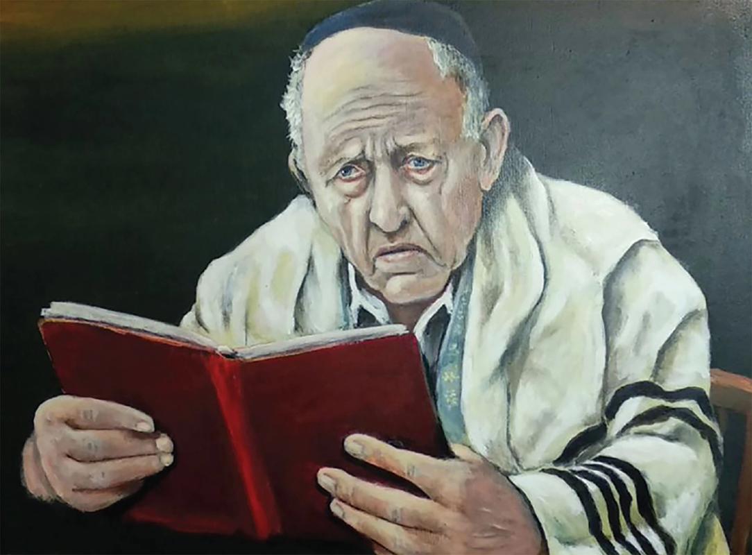 Painting of older man wearing a kipah, sitting and reading from a red book.