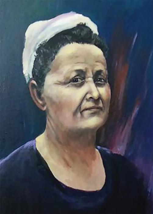 Painting of an older woman with dark hair wearing a white head wrap.