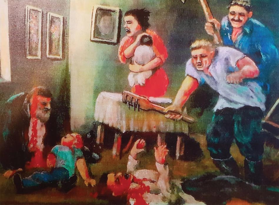 Painting of family being attacked in their home.