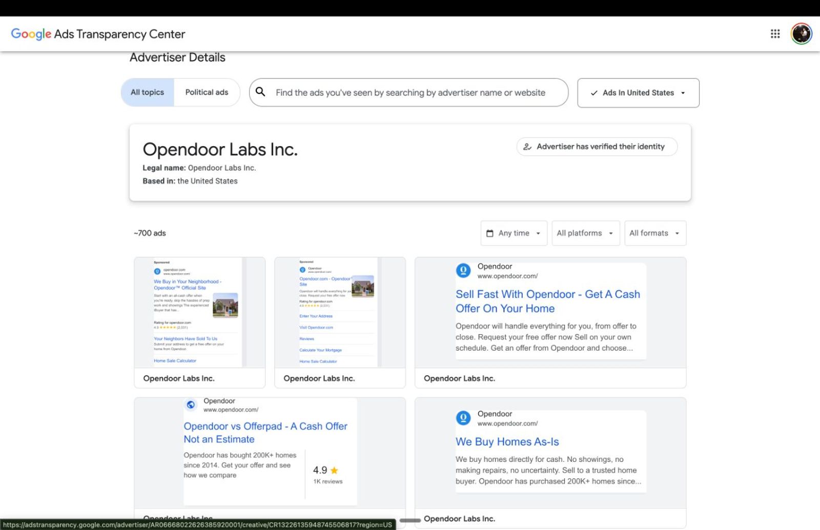 Google Ads Transparency Center showing Opendoor Labs Inc. with roughly 700 active ads: sell fast, get a cash offer, we buy homes as-is, no showings, no repairs.