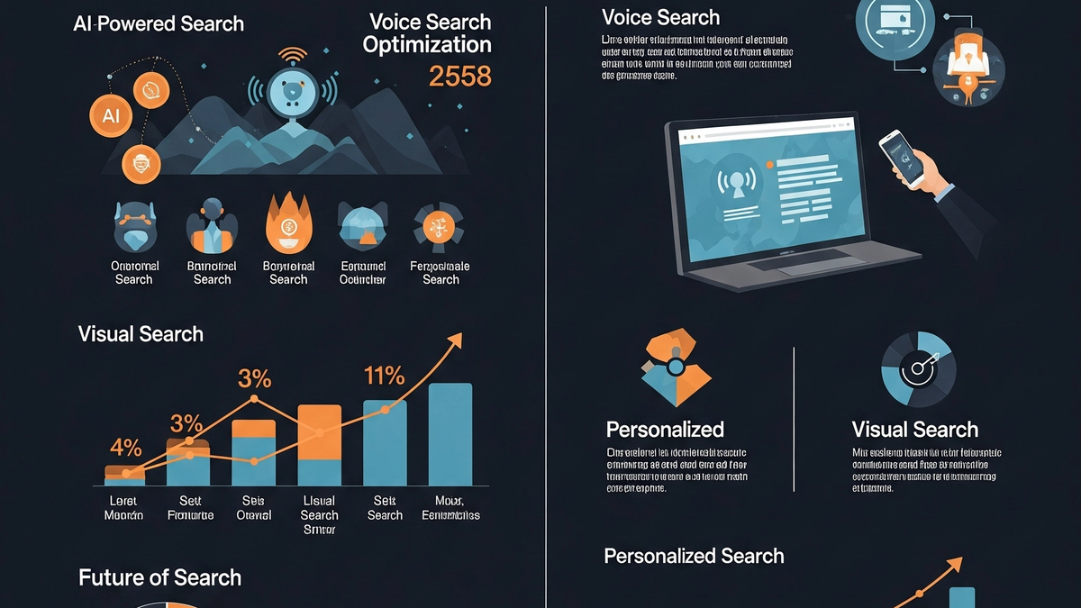 A futuristic and conceptual image depicting the evolving SEO landscape, with a stylized compass pointing towards a cityscape made of data points. It visually represents the future of search, including AI, voice, and personalized search, with a focus on 2025 and beyond.