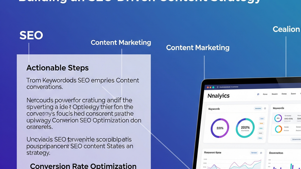 A conceptual image illustrating an SEO-driven content strategy, showing keywords leading to conversions, with a focus on data analytics and digital marketing elements.