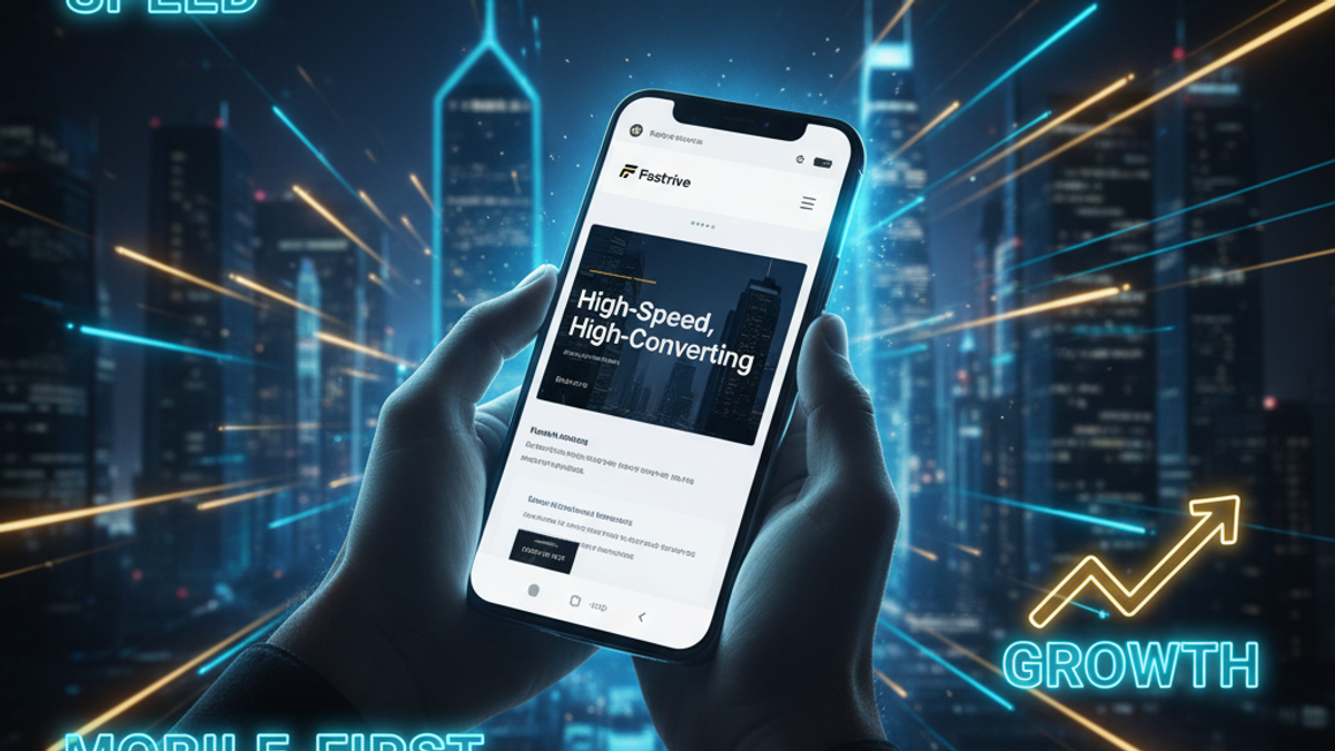 Futuristic mobile-first website concept showing a glowing smartphone and fast digital interface in 2025