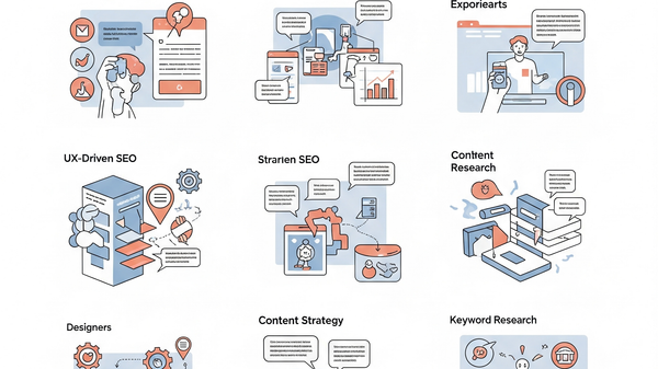 Designer working on a responsive web layout on a tablet, with subtle SEO graph overlays.