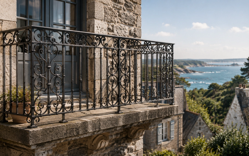 Garde-corps en fer forgé sur une maison ancienne en Bretagne