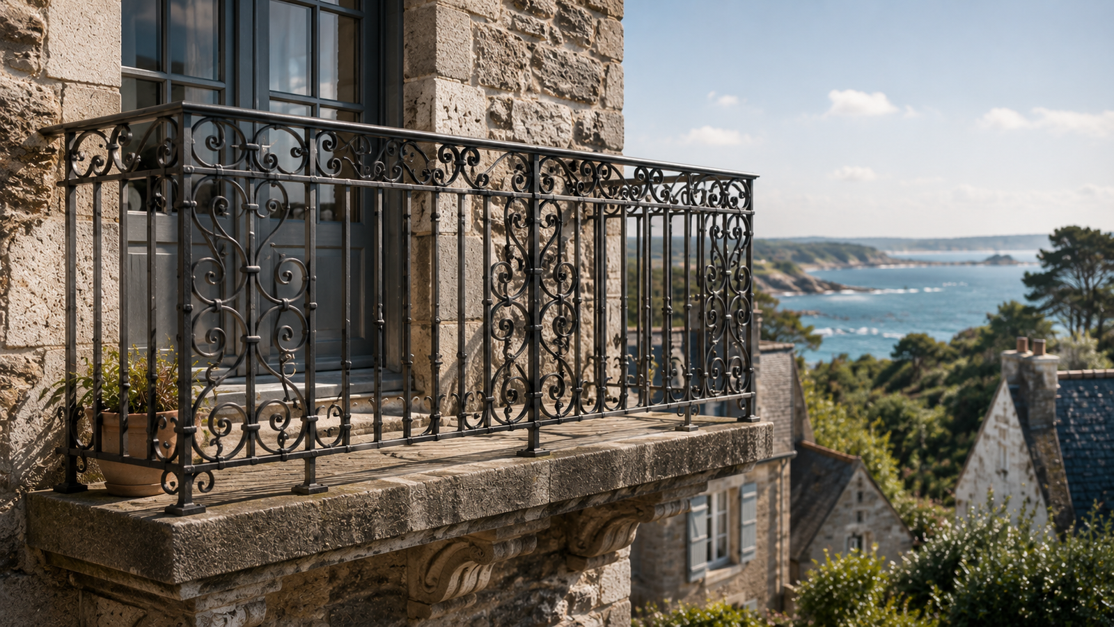 Garde-corps en fer forgé sur une maison ancienne en Bretagne