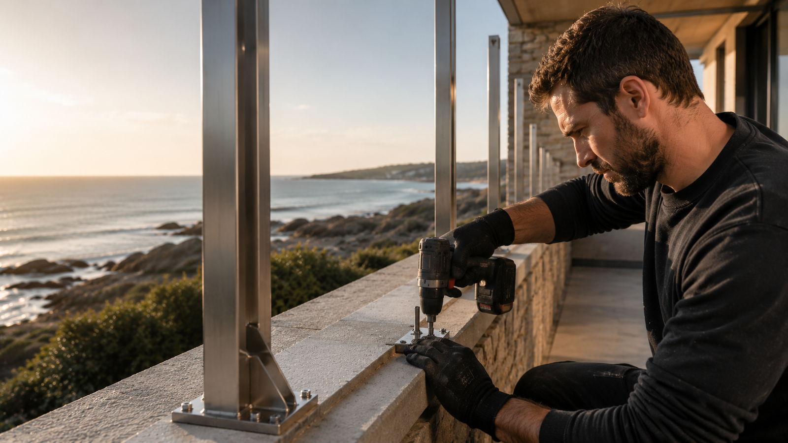 Pose d'un garde-corps métallique sur un balcon en Bretagne